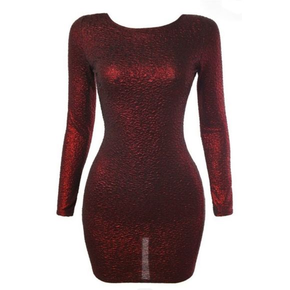 Dresses & Skirts - Women's Long Sleeved Red Glitter Open Back Mini Dress